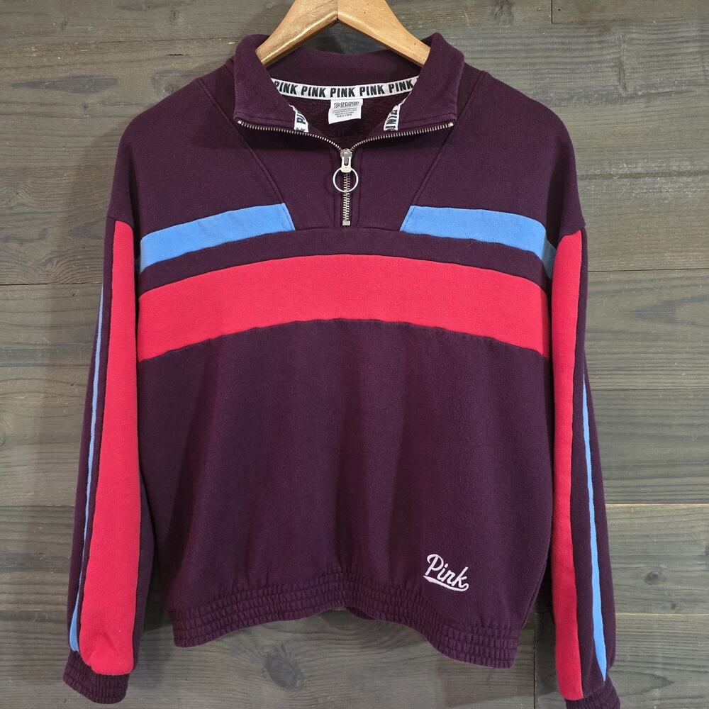 Victoria's Secret Pink XS Burgundy Blue Colorblock Campus Boyfriend Quarter Zip